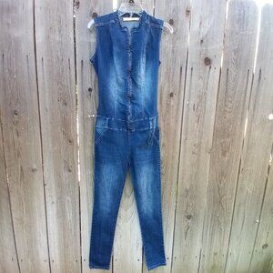 L.O.W.L.A SHAPEWEAR COLOMBIAN DENIM JUMPSUIT SZ 8 BLUE FRONT ZIP BUTT-LIFTING